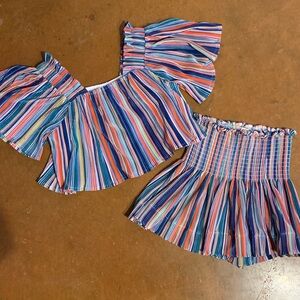 QUEEN OF SPARKLES Multicolor Striped Girls Matching Set - Blue Pink Orange